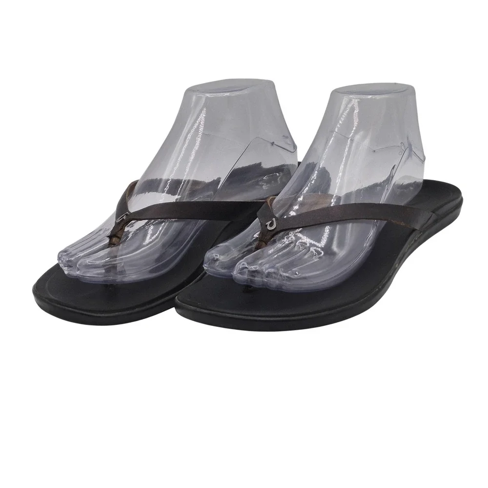 OluKai Sandals Womens Size 10 Brown Leather Thong Flip Flops Black‎ Sole Comfort